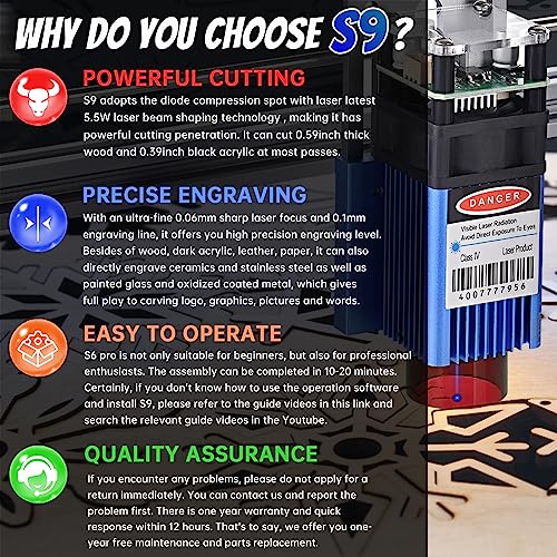 Sculpfun S9 Laser Engraver, 90W Laser Engraving Cutting Machine, 5.5-6W Optical Power Laser Cutter For Halloween Christmas Decorations Cutting, Desktop Diy Carving Machine (S9 Engraver) #TOP2