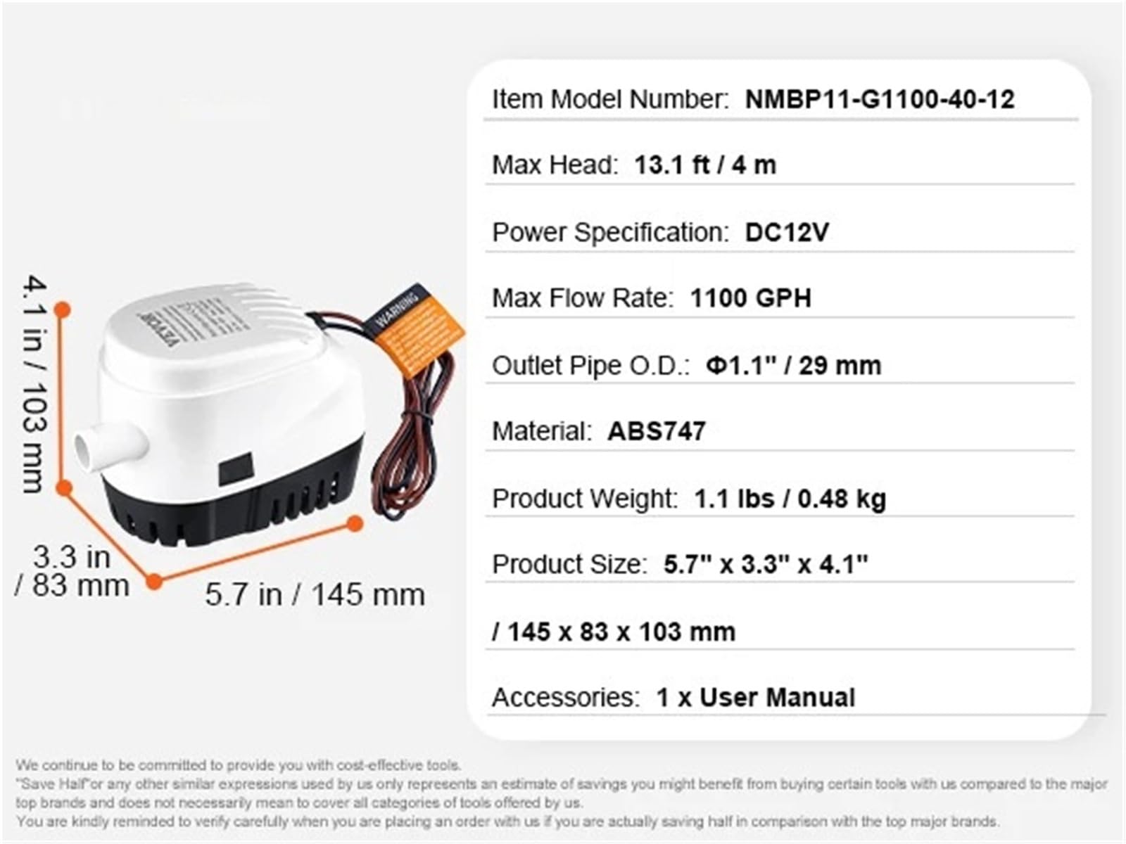 Pompa zęzowa, 750/1100/3000 GPH, 12 V, automatyczna zanurzeniowa pompa wody z przełącznikiem pływakowym do łodzi, basenów, piwnic (1100 GPH 29 mm Outlet)