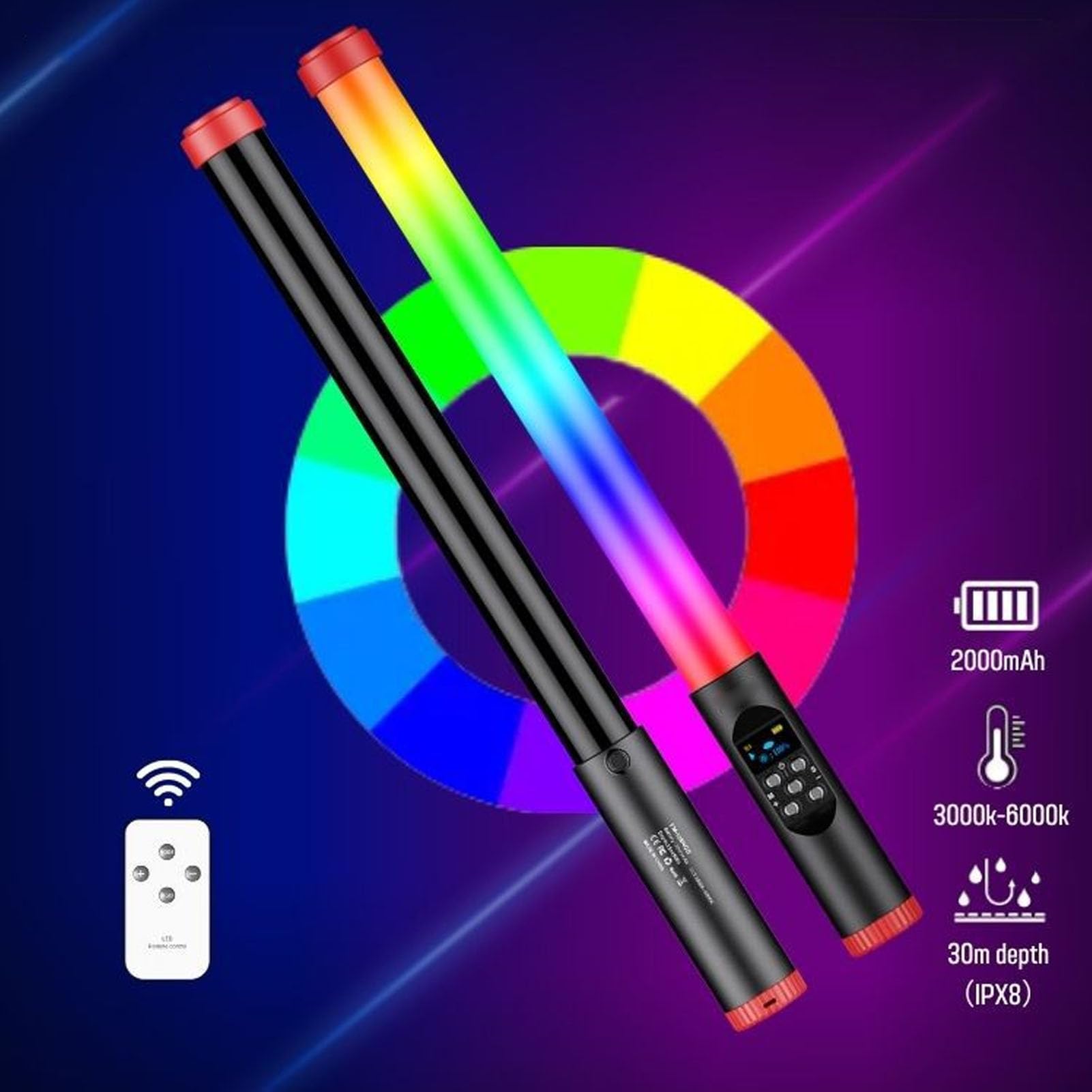 Bacchetta Luminosa Portatile, Bastoncino a LED a LED RGB a Colori con Telecomando, 3000K-6000K, con Batteria Ricaricabile da 3000 MAh