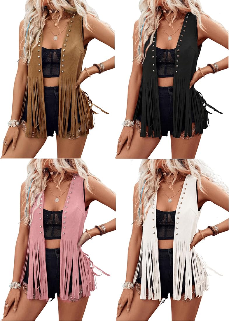 LYSINK Chaleco con borlas para mujer, estilo hippie de los años 70, vaquera, occidental, de gamuza sintética, sin mangas, con flecos, ropa de calle
