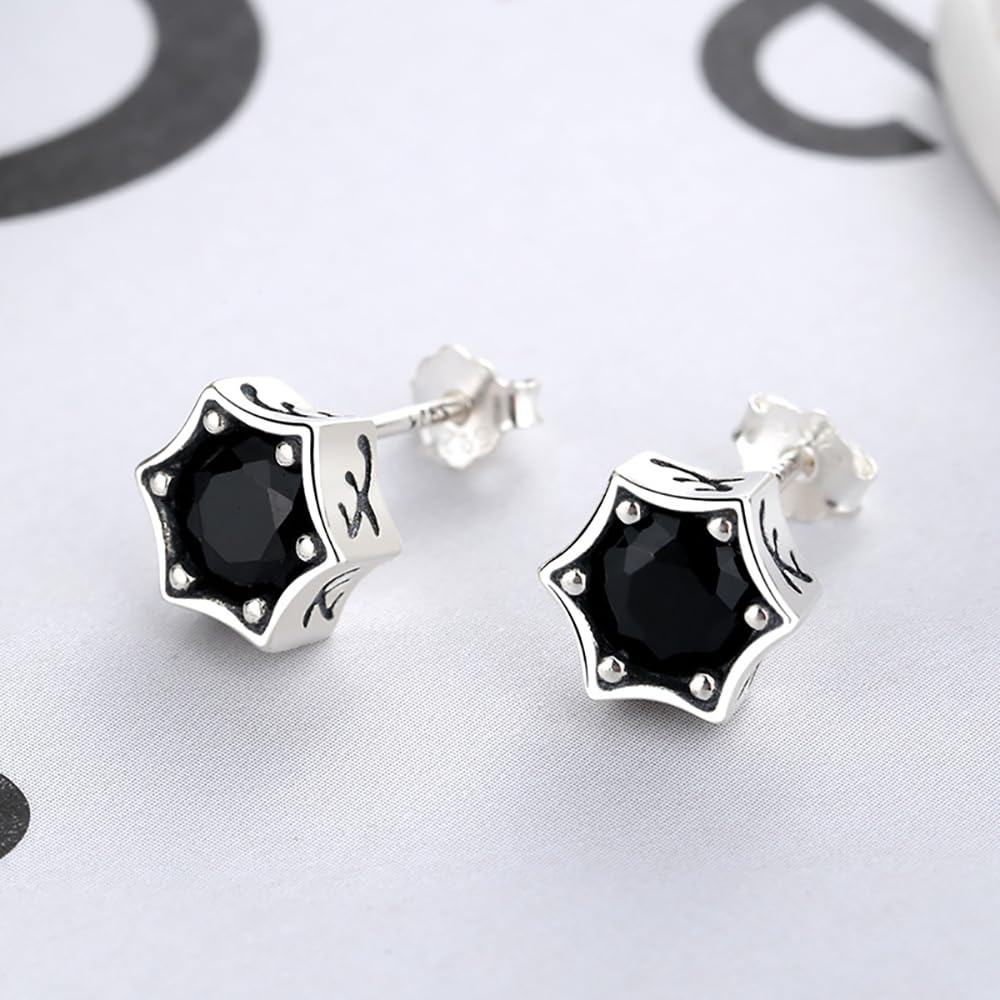 Sechseckige Stern-Ohrstecker aus Silber mit schwarzen Diamanten, Sterling-Zirkonia-Ohrringe für Damen/Herren, 8 mm