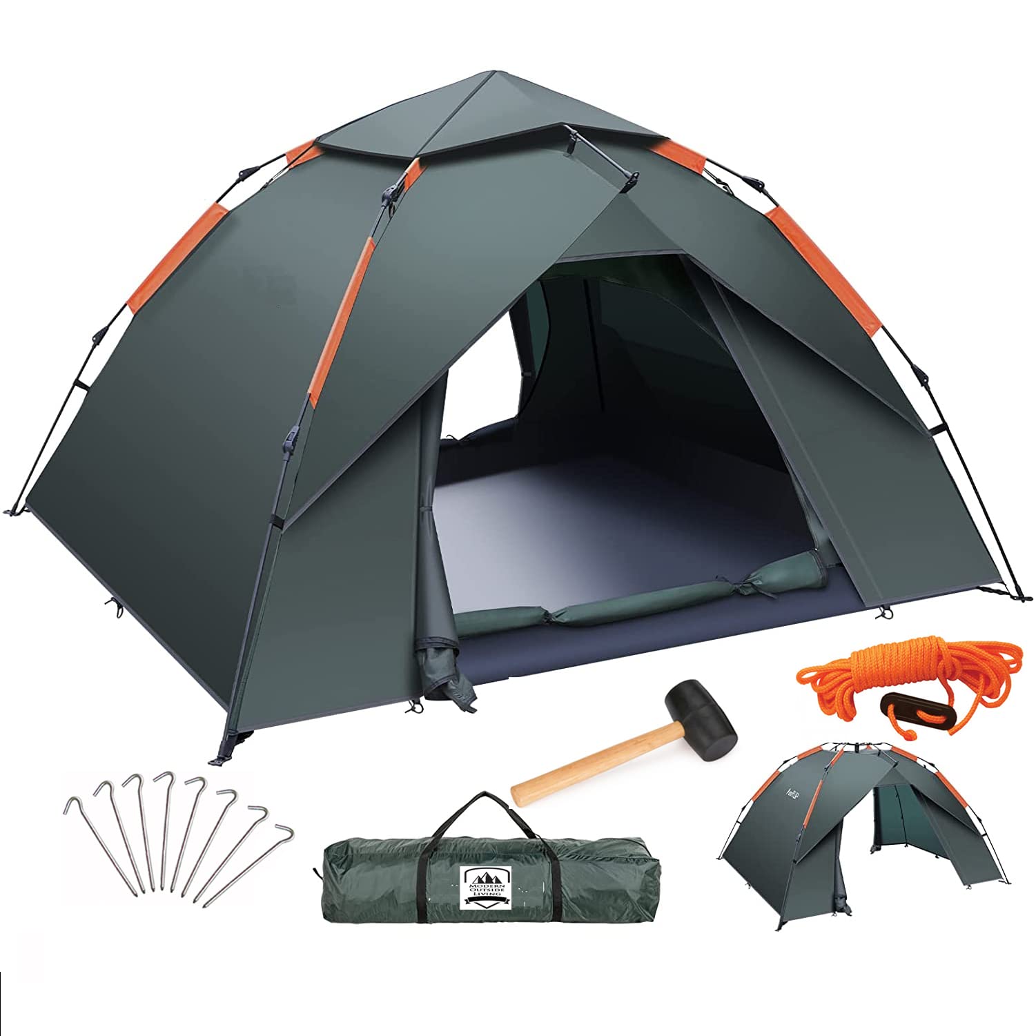 Tent Instant Easy to Pop Up Water Proof 2-4 Man Person Double Layer Camping Fishing/Music Festival Shelter & Compact Travel Carry Bag, Green