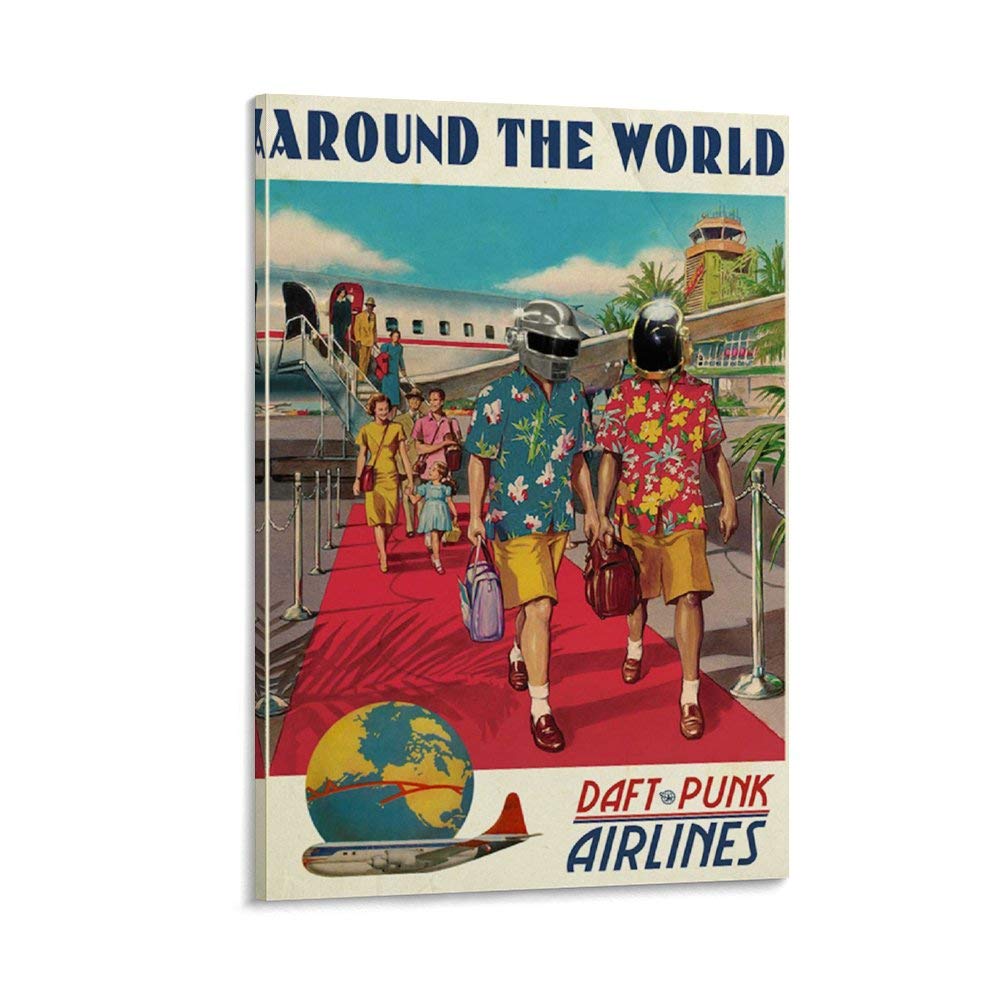 JINCAI Daft Punk Around The World Portrait Paper Poster Canvas Prints for Room Aesthetic Wall Art Bedroom Posters Paint Walls Dining Room Decor 16x24inch(40x60cm), Frame-style1, Multicolor