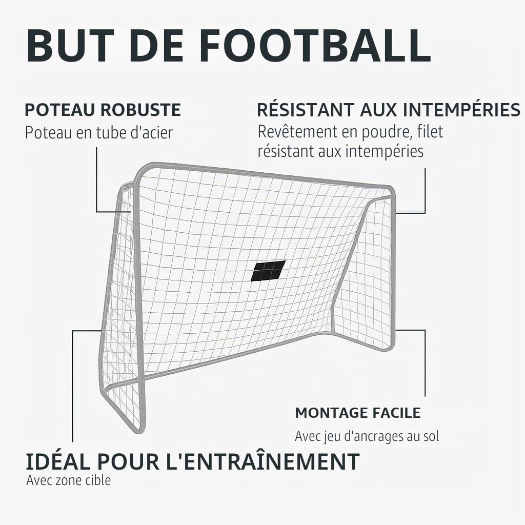 TRIZAND But de football 240 x 170 cm avec cible et filet, construction en métal robuste, montage rapide pour jardin entraînement école