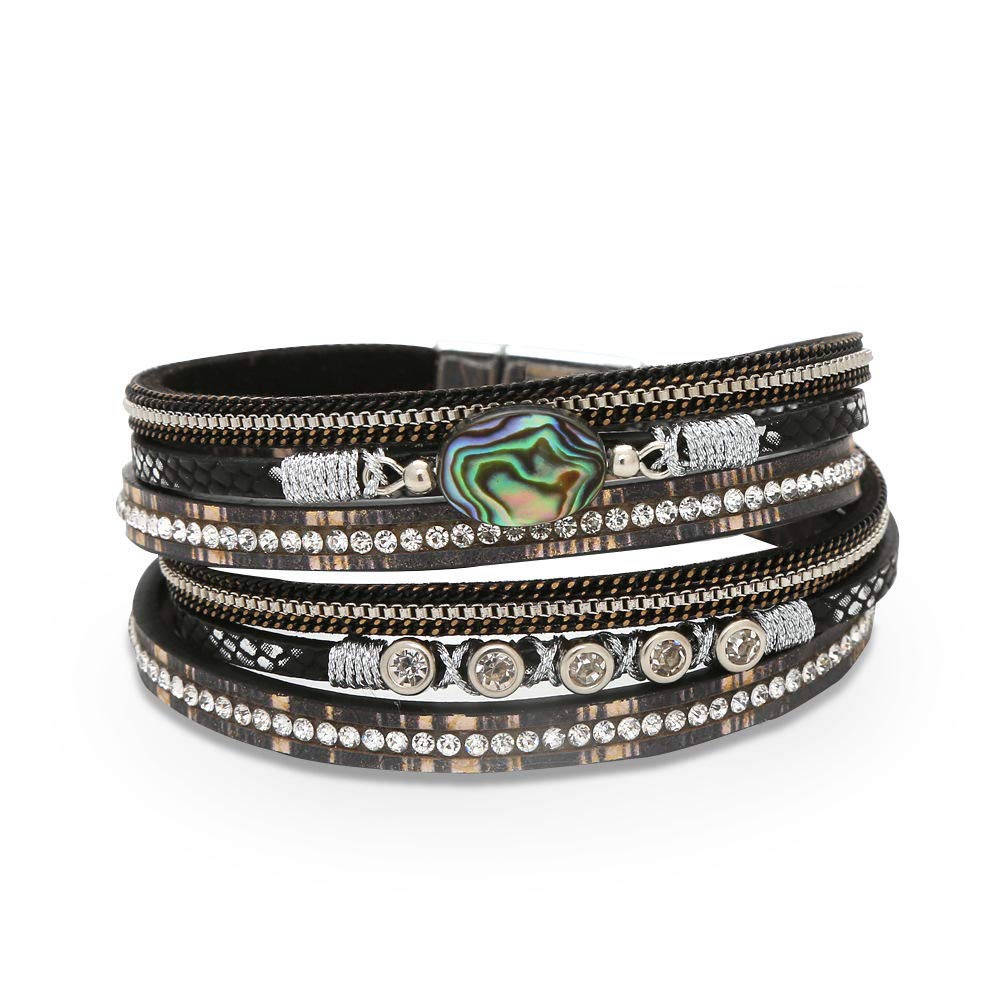 Lederarmband für Frauen, mehrschichtige Vintage Lederarmband Schwarzes kreativer Abalone-Schalenarmband Zirkon Magnet Schnalle Armband Temperament Personalisierte Schmuck Personalisierte Kleidung