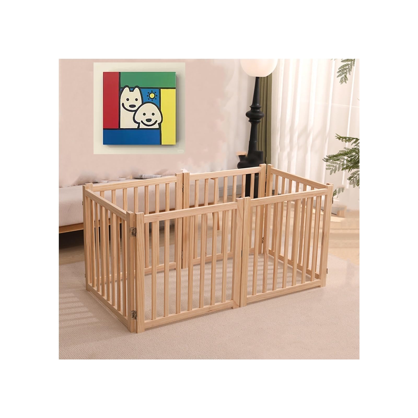Corral de Juego para Cachorros, Valla para Mascotas, Corral para Cachorros con Puerta, Puerta Plegable de Madera para Perros con Patas de Apoyo, Valla de Seguridad Plegable para Mascotas, b