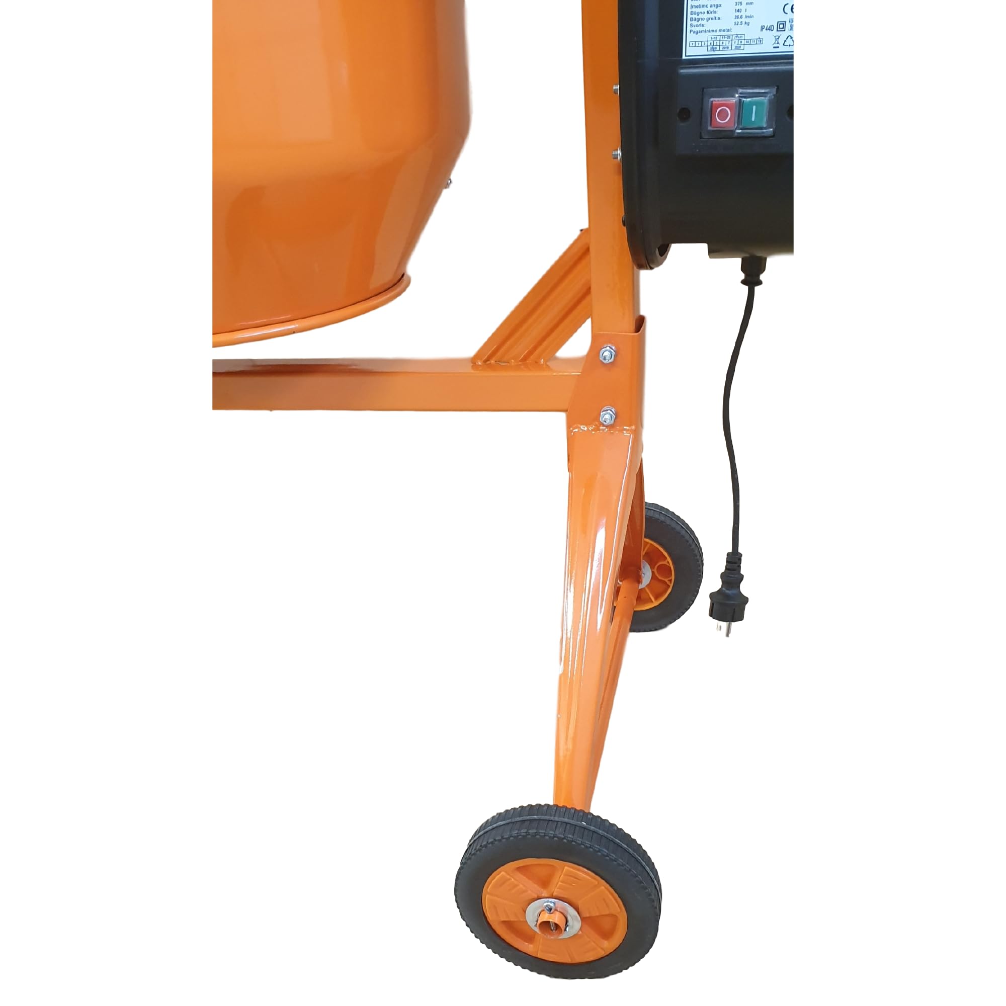 Betonmischer BAU140, 140L Trommel, 650W Motor, Orange, Stahlrahmen mit Metall-Zahnkranz, Kunststoffräder, Kipp-Handrad