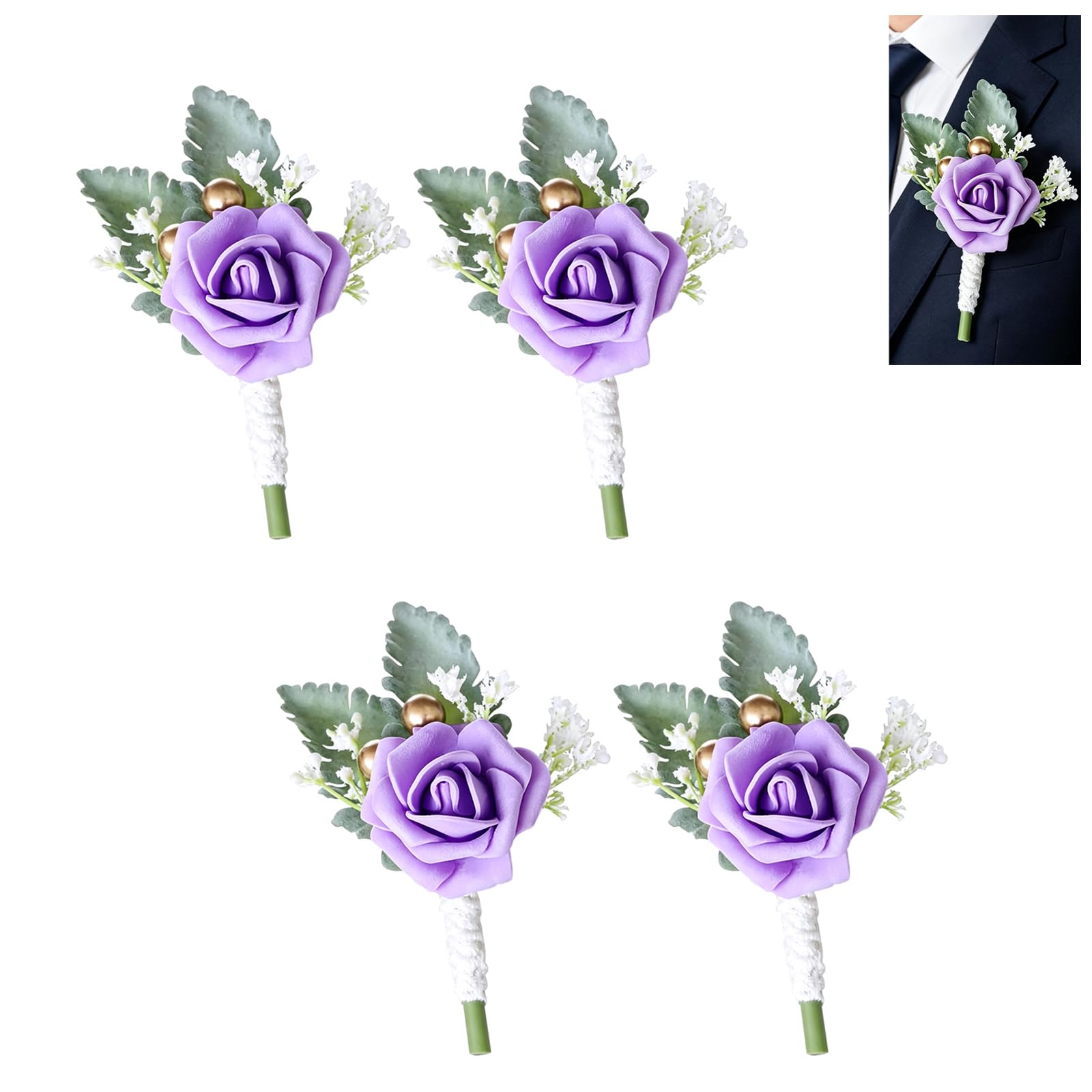 GIONAR 4 Pcs Button Holes Flowers Wedding, Artificial Corsage Flowers