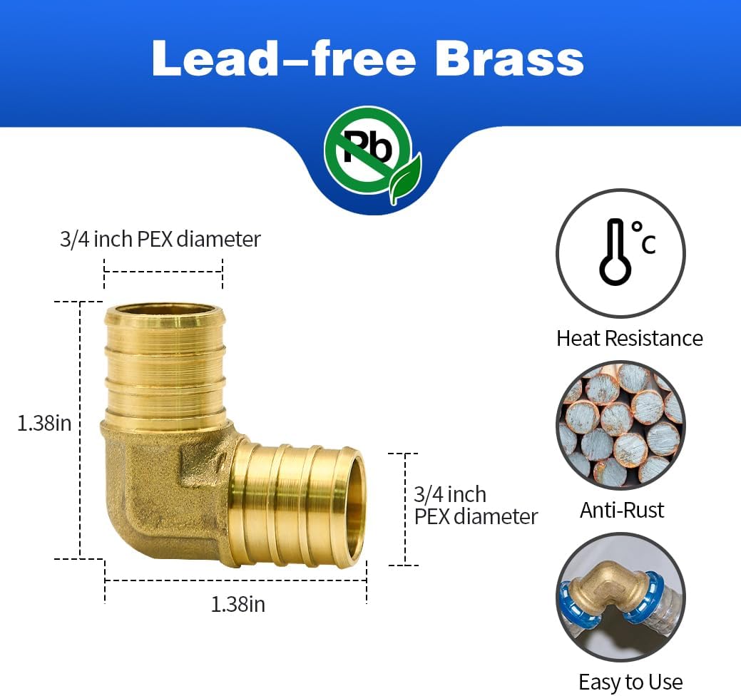 25 Pack 3/4" PEX Fittings, PEX Elbow Fittings, Brass PEX Fittings for PEX Tubing Pipe