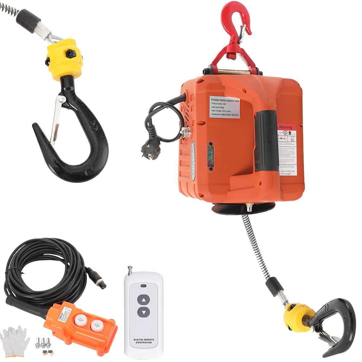 Elektrische Seilwinde 500KG 1500W 220V mit Drahtloser Fernbedienung 7.6m Hubhöhe 5M/min