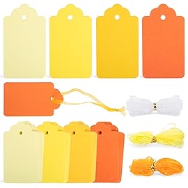 SallyFashion 100PCS Gift Tags, Yellow Paper Tags Hanging Label with Organza Ribbons for Gift Wrapping Fall Thanksgiving DIY Crafts Decoration