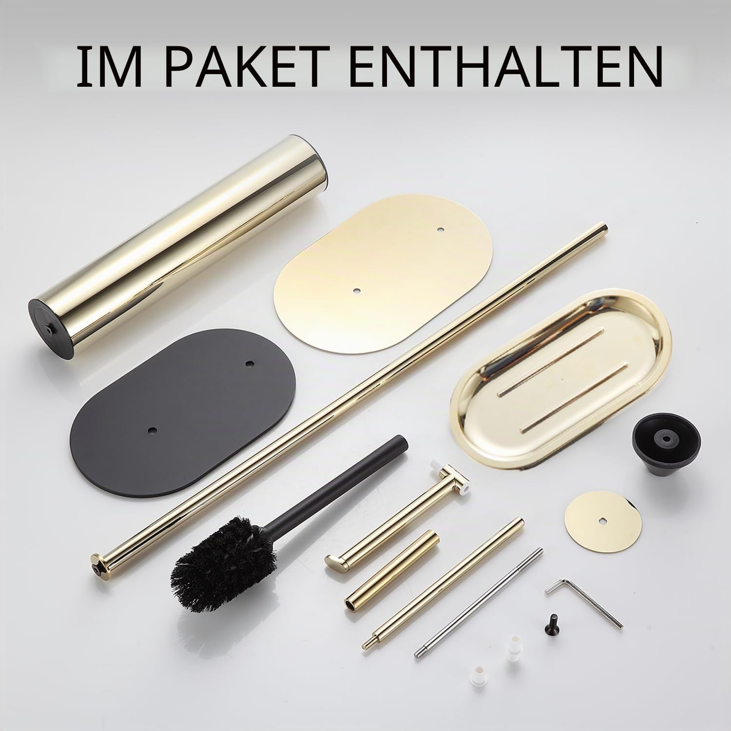 BGL Freistehendes Toilettenbürsten-Set mit langem Edelstahl Gold – WC Bürste & Klobürste mit Toilettenpapierhalter, 3-in-1 Set mit Ablage, Modernes Design