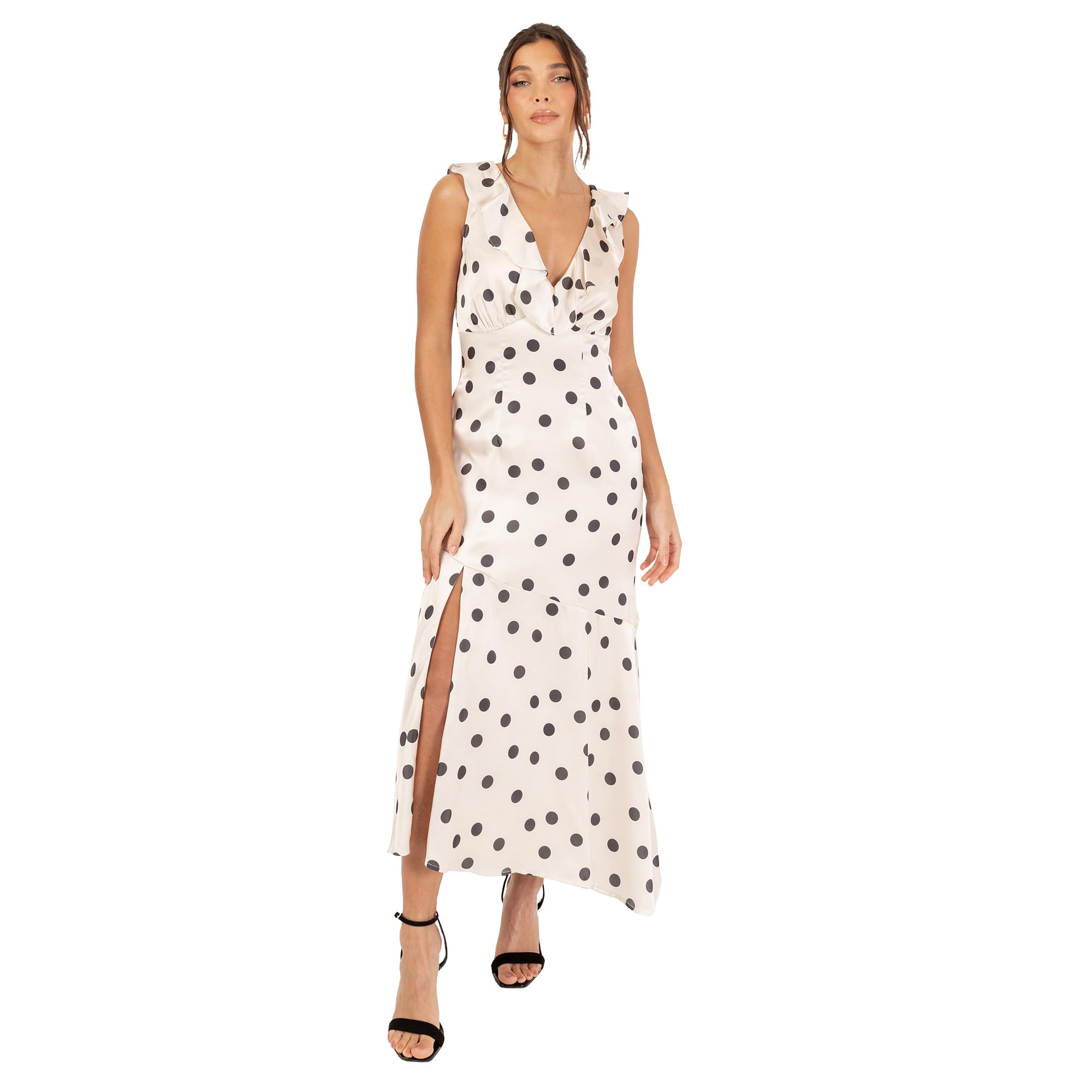 Anaya with Love Women's Midi Dress Ladies Recycled Sleeveless Deep V-Neck Satin Pola Dot Tie-Back Ribbon Empire A-line Ruffle Asymmetric, Cream 18