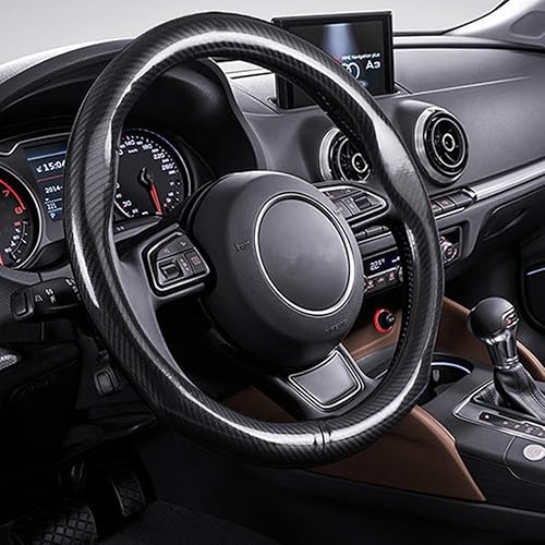 Miniatura 6 de Fundas de volante de fibra de carbono de ajuste universal de 15 pulgadas de cuero de microfibra negra para hombres, diseño ergonómico deportivo