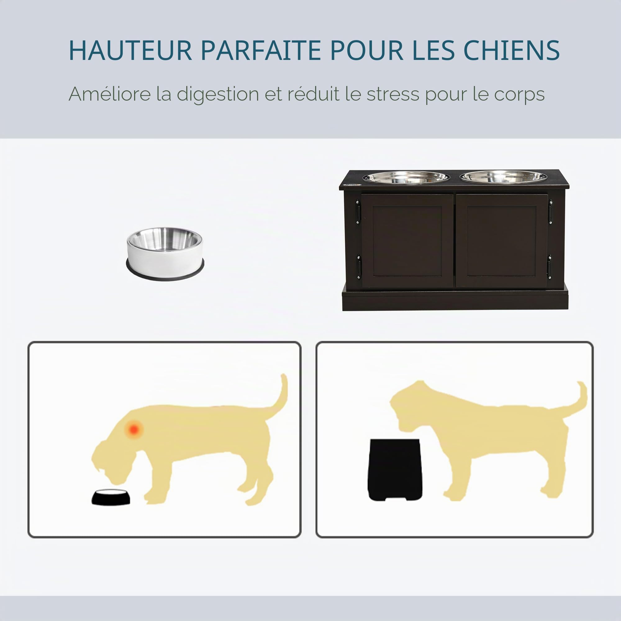PawHut Gamelles surélevées Grands Chiens, Station d'alimentation Café | Avec rangement, deux bols en acier inoxydable, distributeur de nourriture pour chiots d'intérieur.