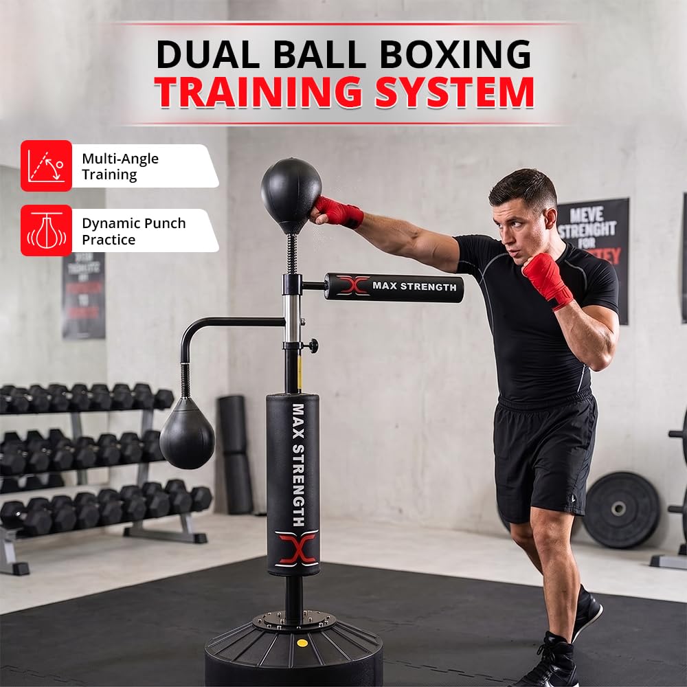MAXSTRENGTH Wolnostojący worek bokserski z piłką prędkościową o regulowanej wysokości, kobra, torba odblaskowa, torby prędkościowe, torby na cokół, wolnostojąca prędkość i piłka odblaskowa do treningu, ćwiczeń (czarna, podwójna funkcja)