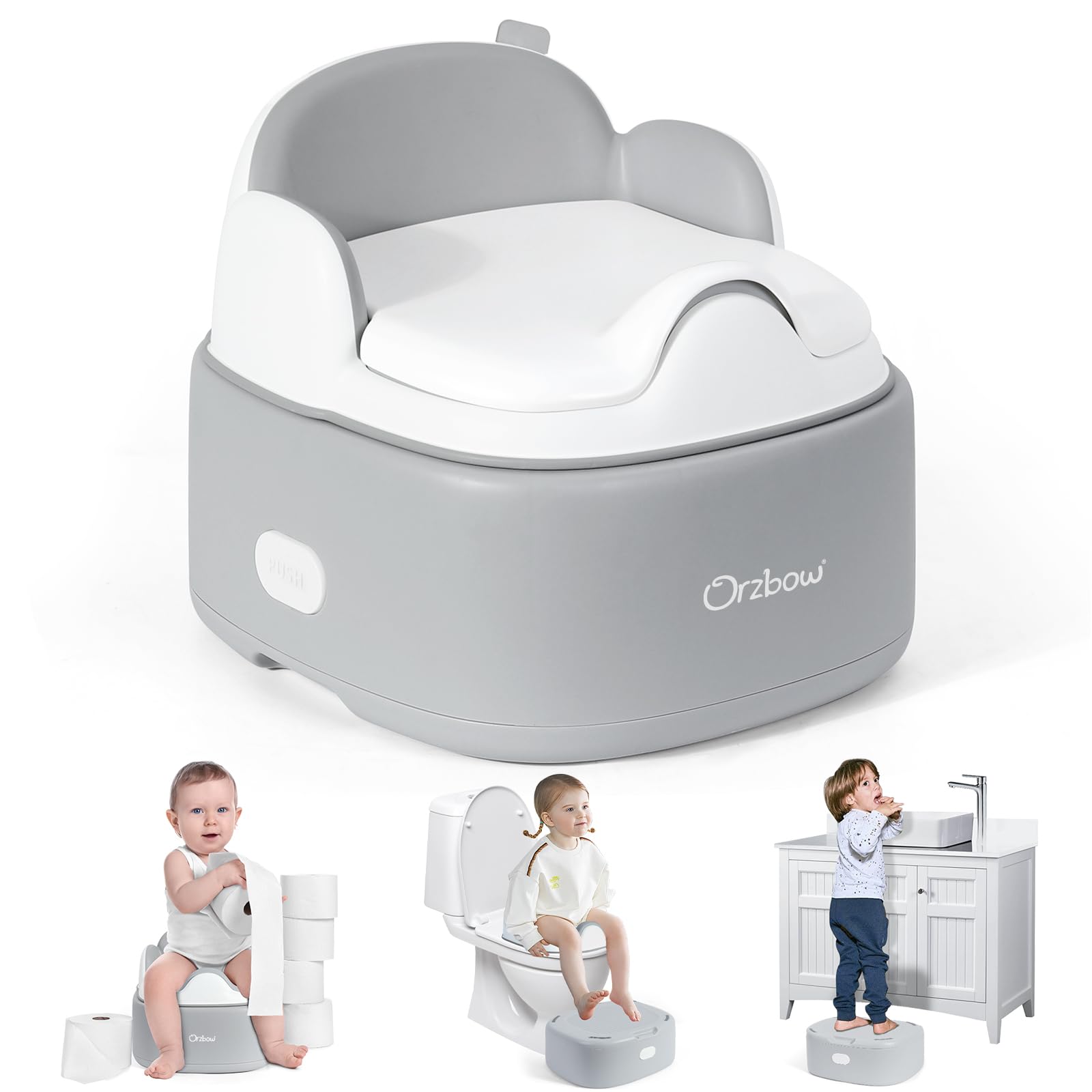 Orzbow Multifunzionale Vasino Bambini, 3 in 1 Riduttore WC Bambini con Sgabellino Bambini, Stivabile Riduttore Water Bambini, Design Minimalista,Facile da Pulire,Liscio e Senza Bave,Grigio
