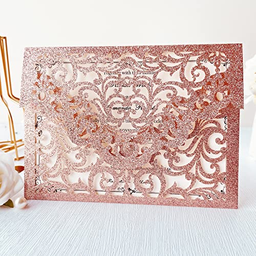 image for KUCHYNEE 5.1 x7.1 inch 50PCS Rose Gold Glitter Laser Cut Flora Wedding