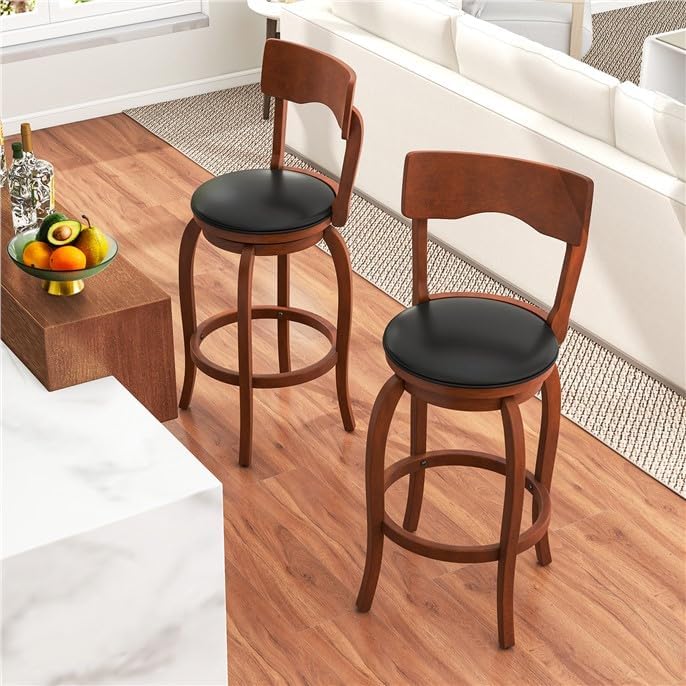 ERGOMASTER Swivel Bar Stools, Stools with Back Support, Rubber Wood Frame, Upholstered Seat Barstools for Kitchen Island, Home Bar, Pub (2, 29 Inch)