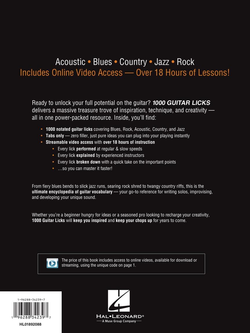 1000 Guitar Licks | Recueil de Tablatures pour Guitare avec Audio et Vidéos en Ligne | 1000 Licks Blues Rock Jazz Country et Acoustique | Pour Développer Improvisation Solos et Créativité
