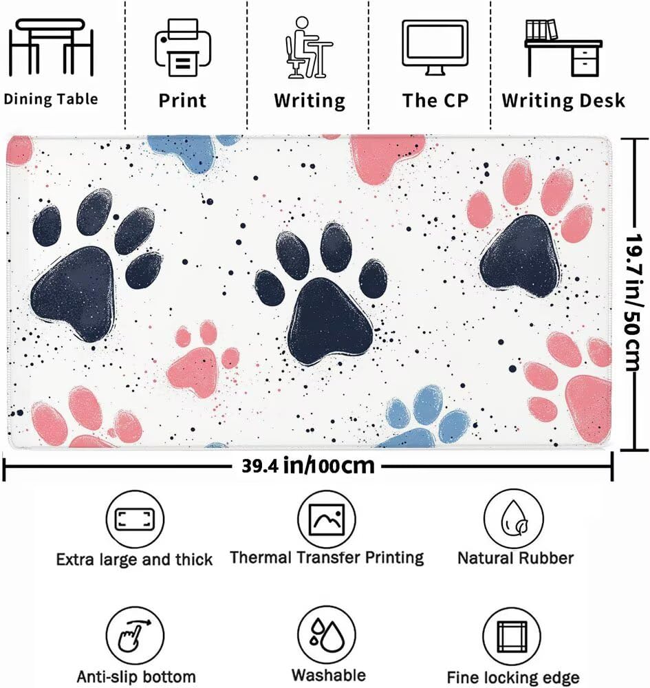 Biała podkładka pod mysz dla graczy, podkładka pod mysz XXL 1000 x 500 x 3 mm, mata na biurko z przeszytymi krawędziami i gumową podstawą, wodoodporna podkładka pod mysz nadaje się do biura/domu, na