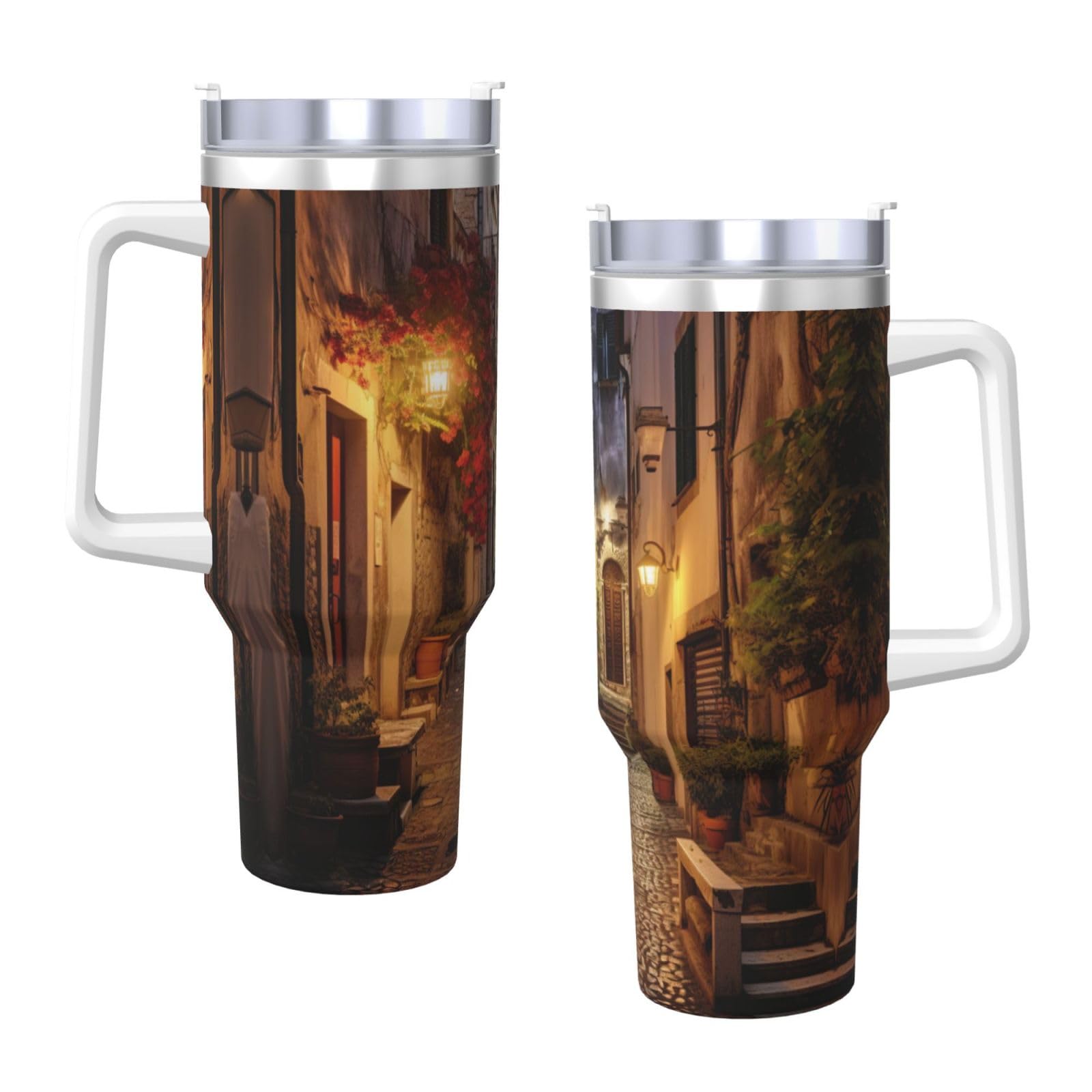 Italian Old Street Ice Bully Wasserflasche aus Edelstahl, doppelwandig, isoliert, mit Griff und Strohhalm-Deckel, 1,2 l