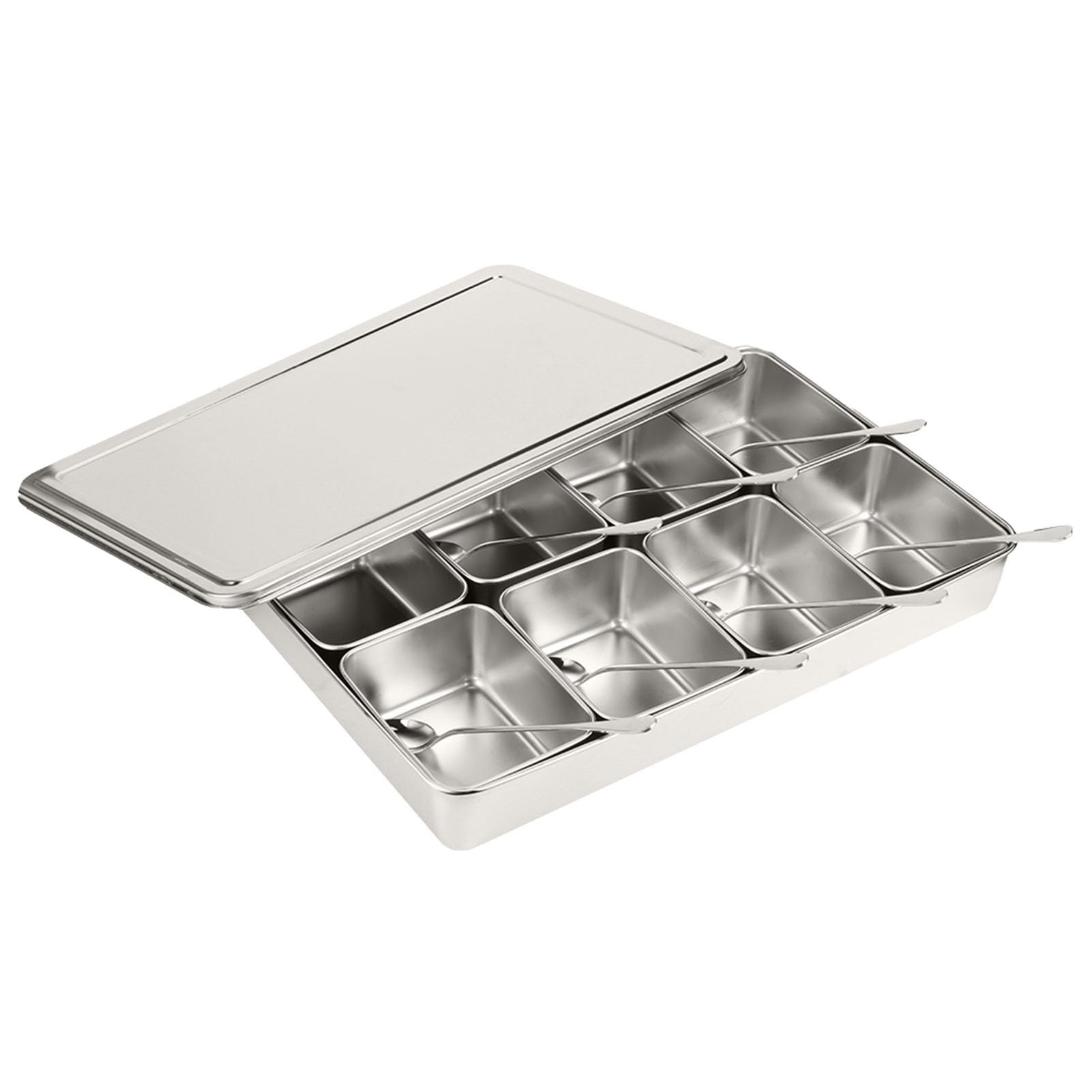 Yosoo Health Gear Assaisonnement Box, Boîte à épices En acier inoxydable à 8 Grilles Avec Couvercles Et Cuillères, Boîte à Condiments Métal, Pots à épices Cuisine