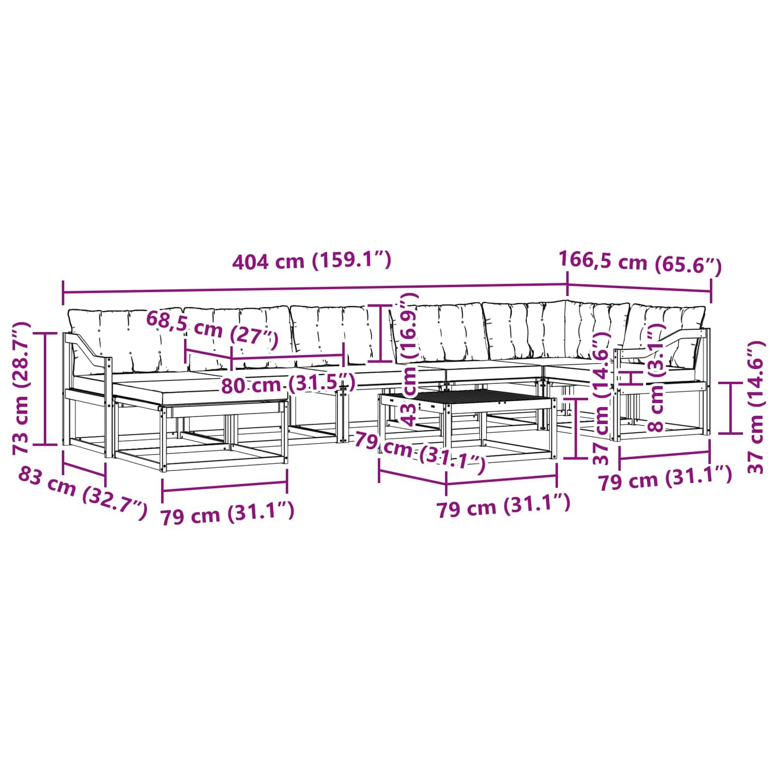 Gartenmöbelgarnitur mit 8 Teilen aus Massivholz Akazie für Terrasse Balkon und Garten, wetterfestes Sitzgruppe Set mit Kissen, modernes Design, inklusive Tisch, Sofas, Hocker und Kissen