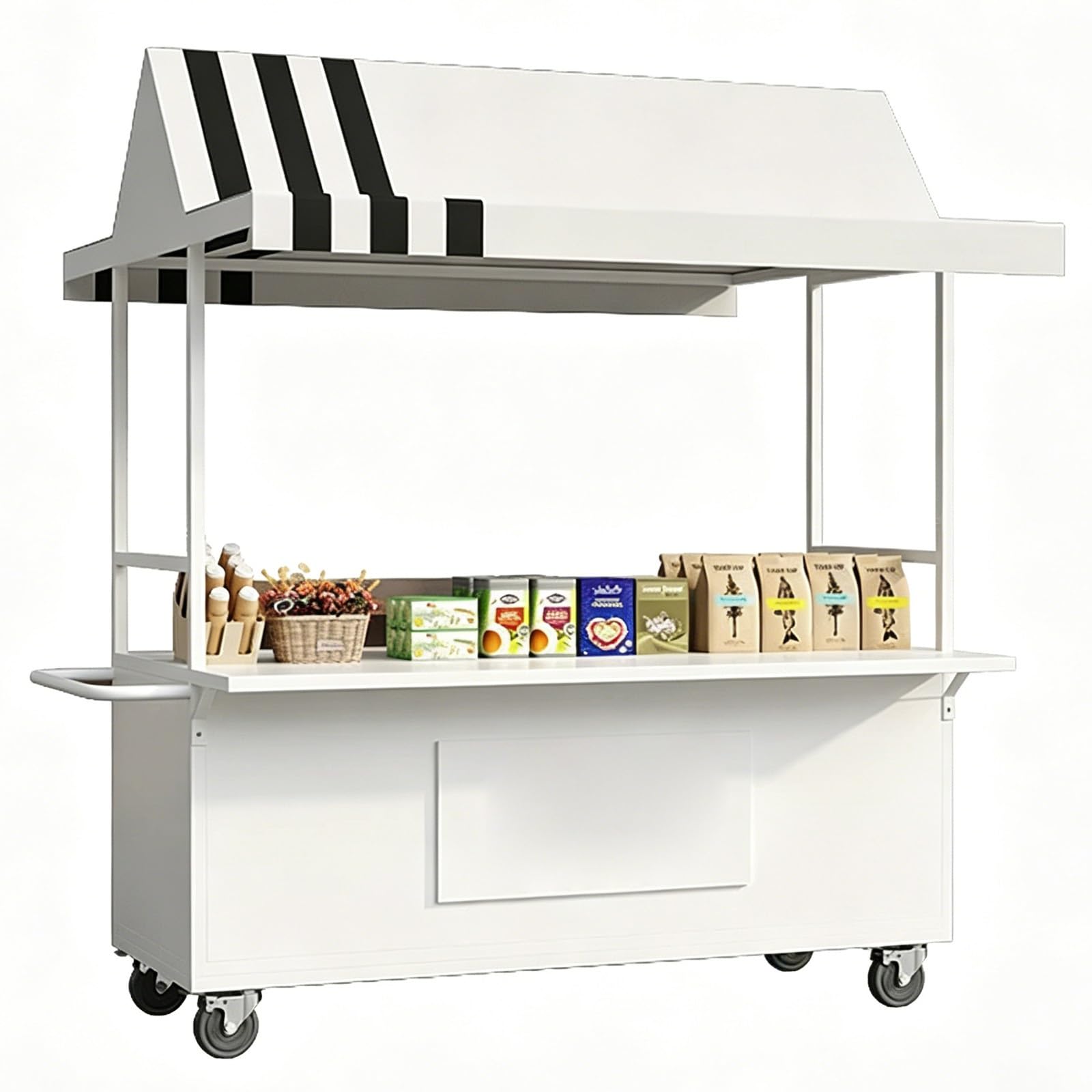 Food Vendor Cart, Market Stand with Canopy, Iron, Handrail, Lockable Wheels, for Market, Street Food & Pop-Up Events(White,120cm/47in)