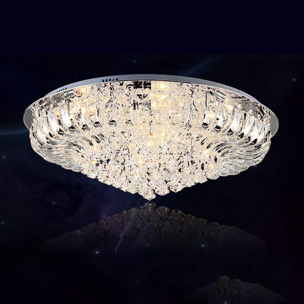 Wdw Clear 6167 Modern Genuine K9 Crystal Led Round Flush Ceiling Light Chandelier 3 Colours + Bluetooth Speakers + Remote Control (, 50Cm)