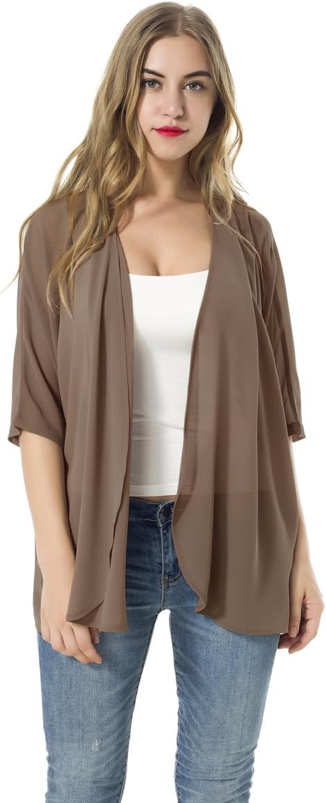 ADANIKIWomen's Short Sleeve Beachwear Sheer Chiffon Kimono Cardigan Solid Casual Capes Beach Blouse Summer Cover Ups