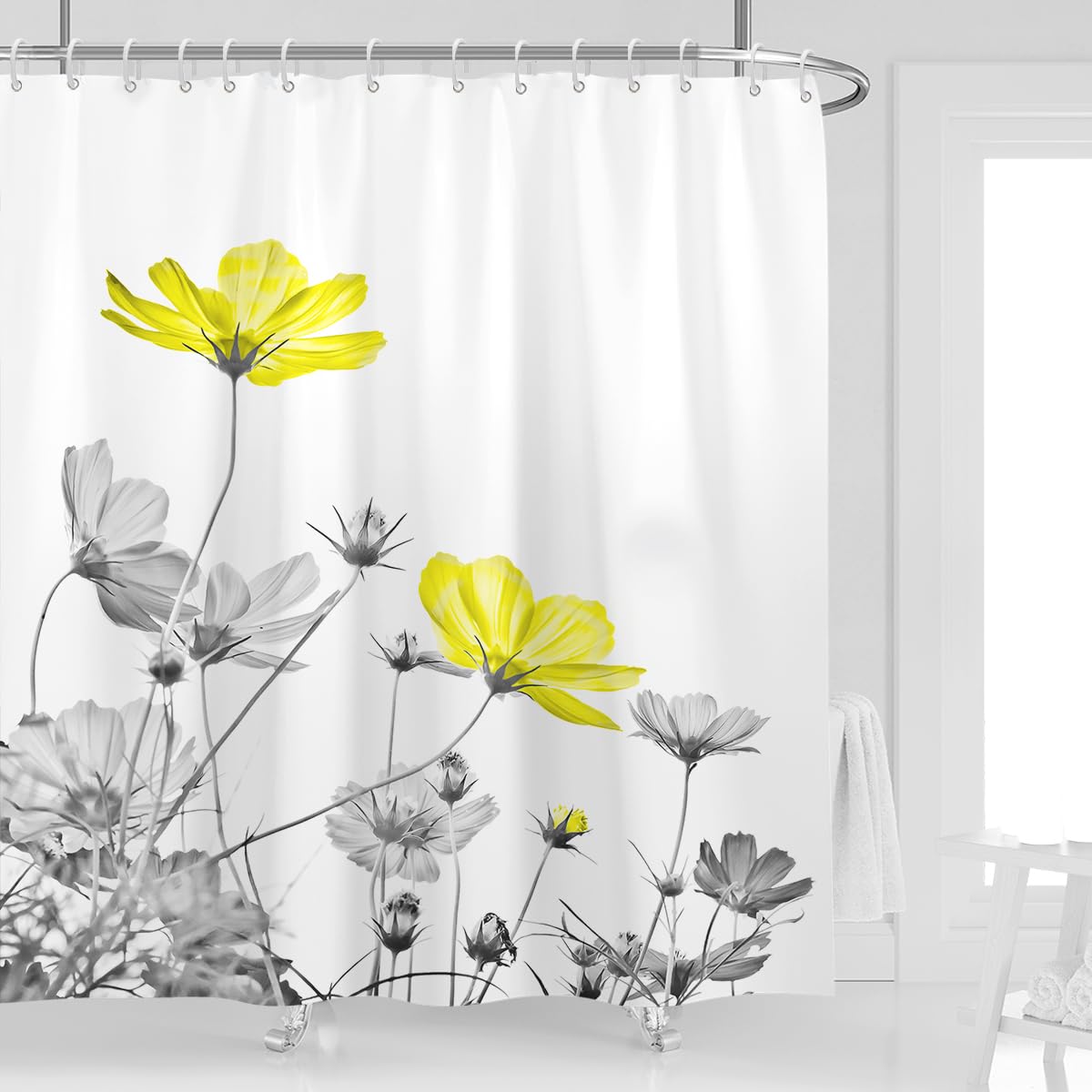 Kikiry Yellow Gray Flower Shower Curtain 72''W x 72''L White Floral Grey Ink Painting Daisy Farmhouse Wildflower Elegant Botanical Bathroom Curtains