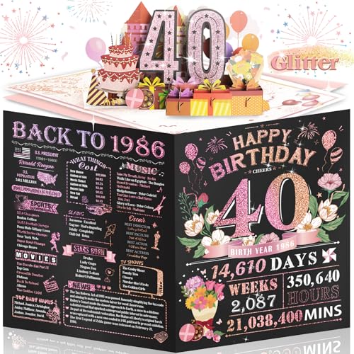 Aiunmiol 40th Birthday Card for Women Her, Jumbo Pop Up 40th Birthday Cards for Wife Mom, Happy 40th Birthday Decorations for 40 Year Old Women Funny Birthday Gifts, Back To 1986, Pink