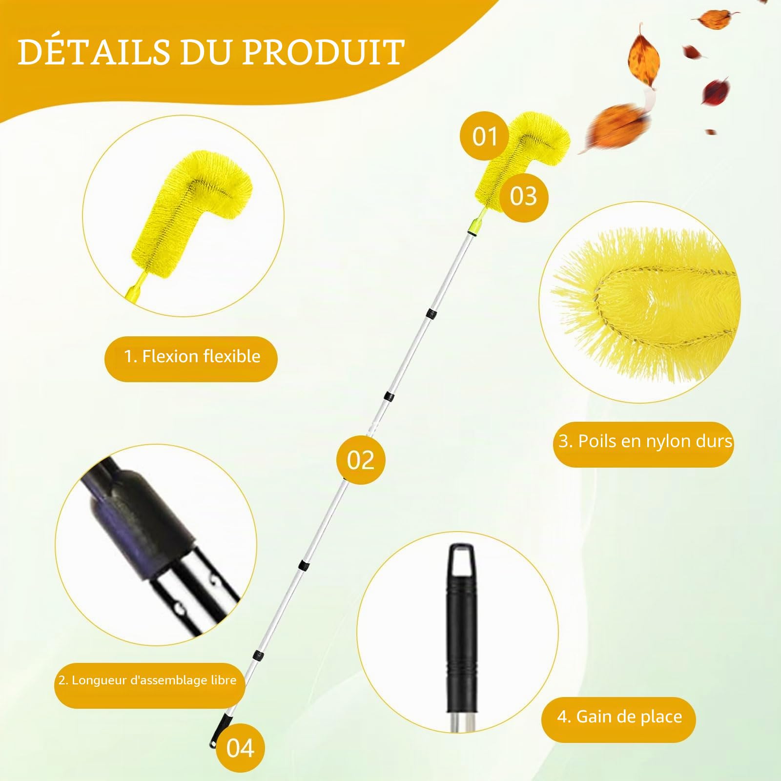 Brosse de Nettoyage de Gouttière de 310cm, Brosse de Nettoyage Pliable avec 2 Brosses, Brosse Telescopique de Nettoyage de 8 Pôles D'épissure, Pour Nettoyer les Feuilles/Fenêtres/Gouttières/Murs,Jaune
