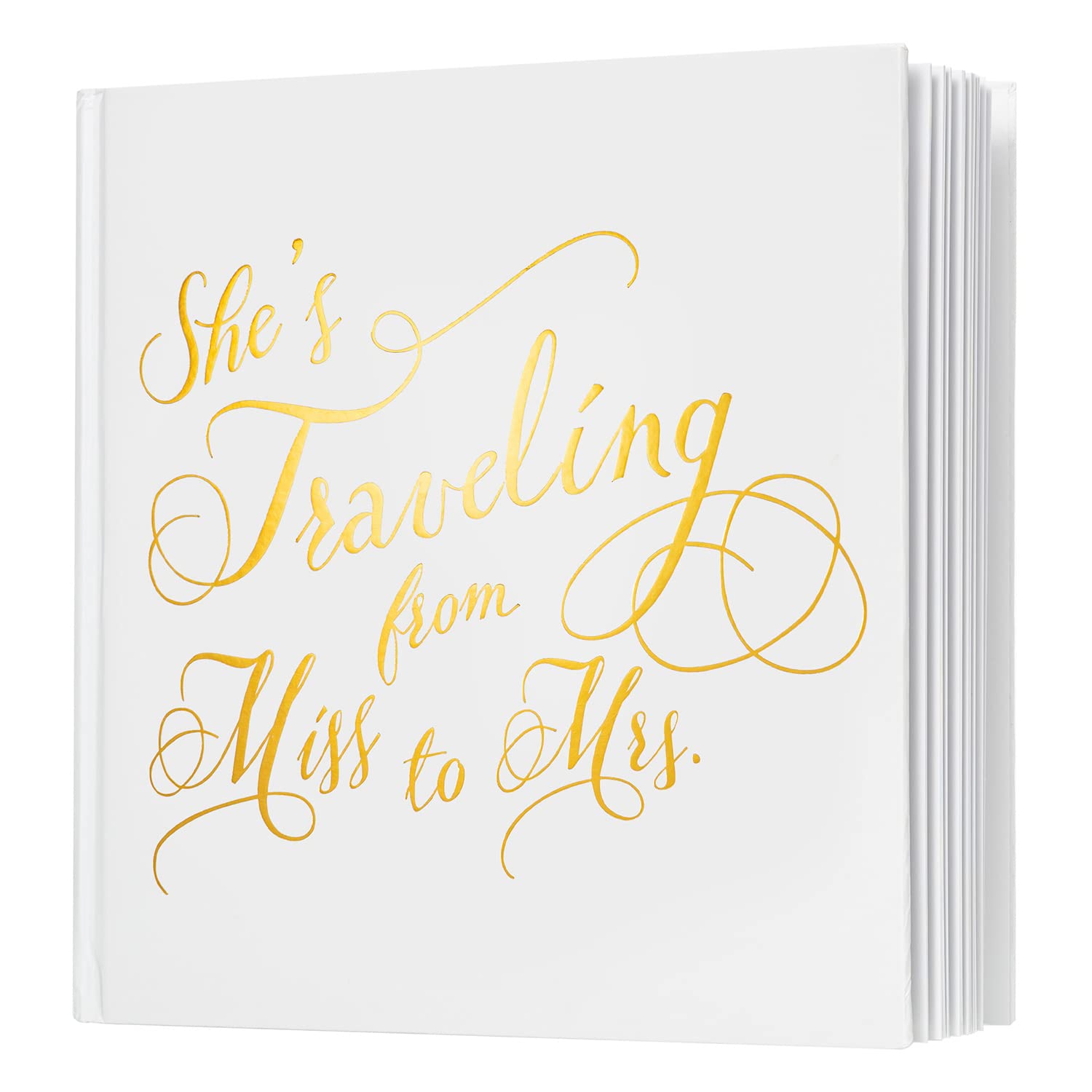 Calculs She's Traveling from Miss to Mrs Polaroid - Libro de invitados de despedida de soltera, 8.5 pulgadas, cuadrado, cubierta blanca, estampado de lámina dorada, páginas blancas en blanco
