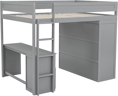Miniatura 69 de Quarte Cama alta multifuncional, cama alta tamaño matrimonial con escritorio integrado y estantes de almacenamiento, dos cajones y escalera de