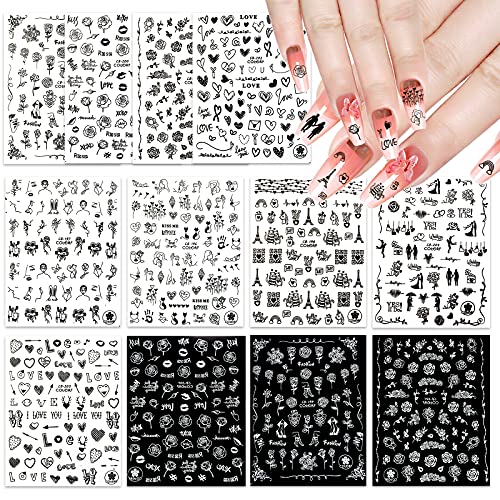 12 Sheets Flower Nail Stickers, EUUPS Rose Nail Art Stickers Decals 3D Self-Adhesive Nail Art Supplies Love Flower Abstract Face Unicorn Designs Nail Decals for Acrylic Nails Manicure Tips
