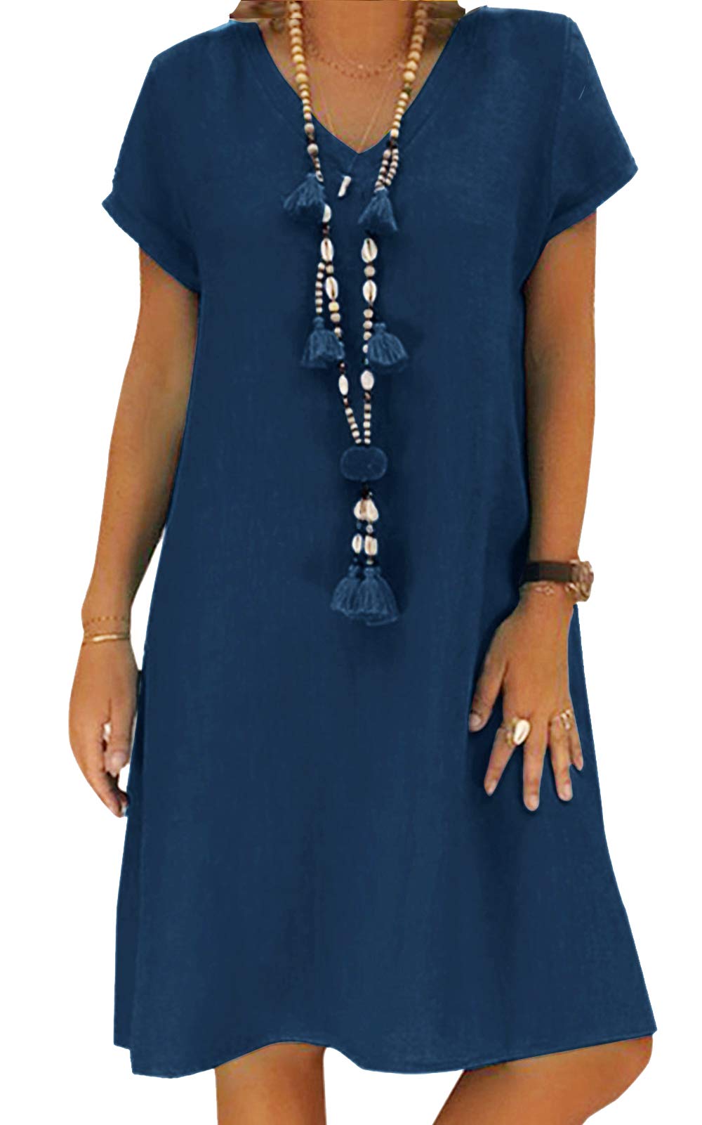Yidarton Sommerkleid Leinen Kleider Damen V-Ausschnitt Strandkleider Einfarbig A-Linie Kleid Boho Knielang Kleid Ohne Zubehör