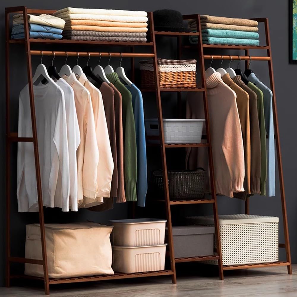 Angrounps A Ngrounps Garment Rack With Storage Shelves Back Nd Tidy Rail, Bamboo Clothes Rail, Open Wardrobe Closet, Clothing Standing Rack For Bedroom Hallway Entryway 160X40x140cm