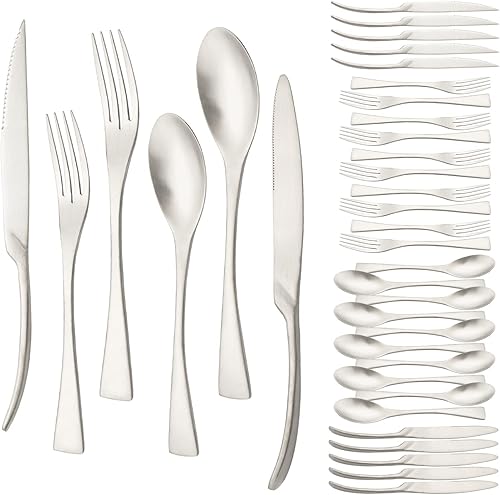 Juego de cubiertos de 36 piezas para 6, juego de cubiertos mate juego de cubiertos de acero inoxidable 304 con cuchillo para carne, utensilios de