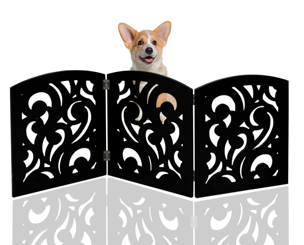 Safety Pet Gate for Dogs – Free-Standing & Foldable - Decorative Scroll Wooden Fence Barrier – Stairs & Doorways (Black)