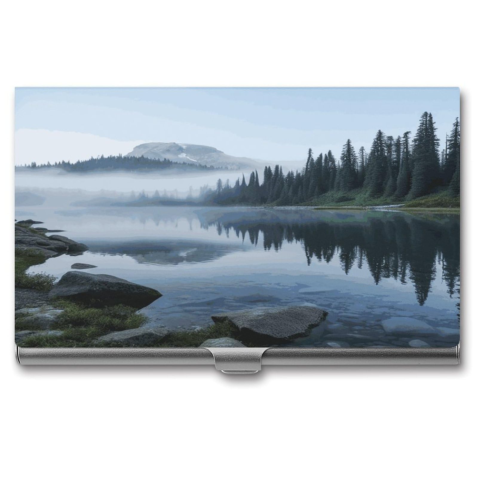 JTREHY Foggy Lake by Mount Rainier Business Card Holder Slim Purse Name Card Holder Portable Metal Business Card Case Wallet Large Capacity Lightweight Business Card Case for Men Women