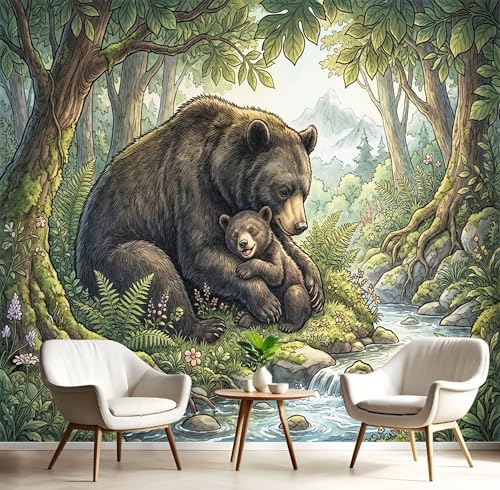 Mural De Pared Panorámico De Personalizado Con Oso Pardo Del Río Forest, Papel Pintado De Fotografía De Animales Feroces Verde Oscuro, 450X315Cm, Moderno Mural De Pared Para Sala De Estar