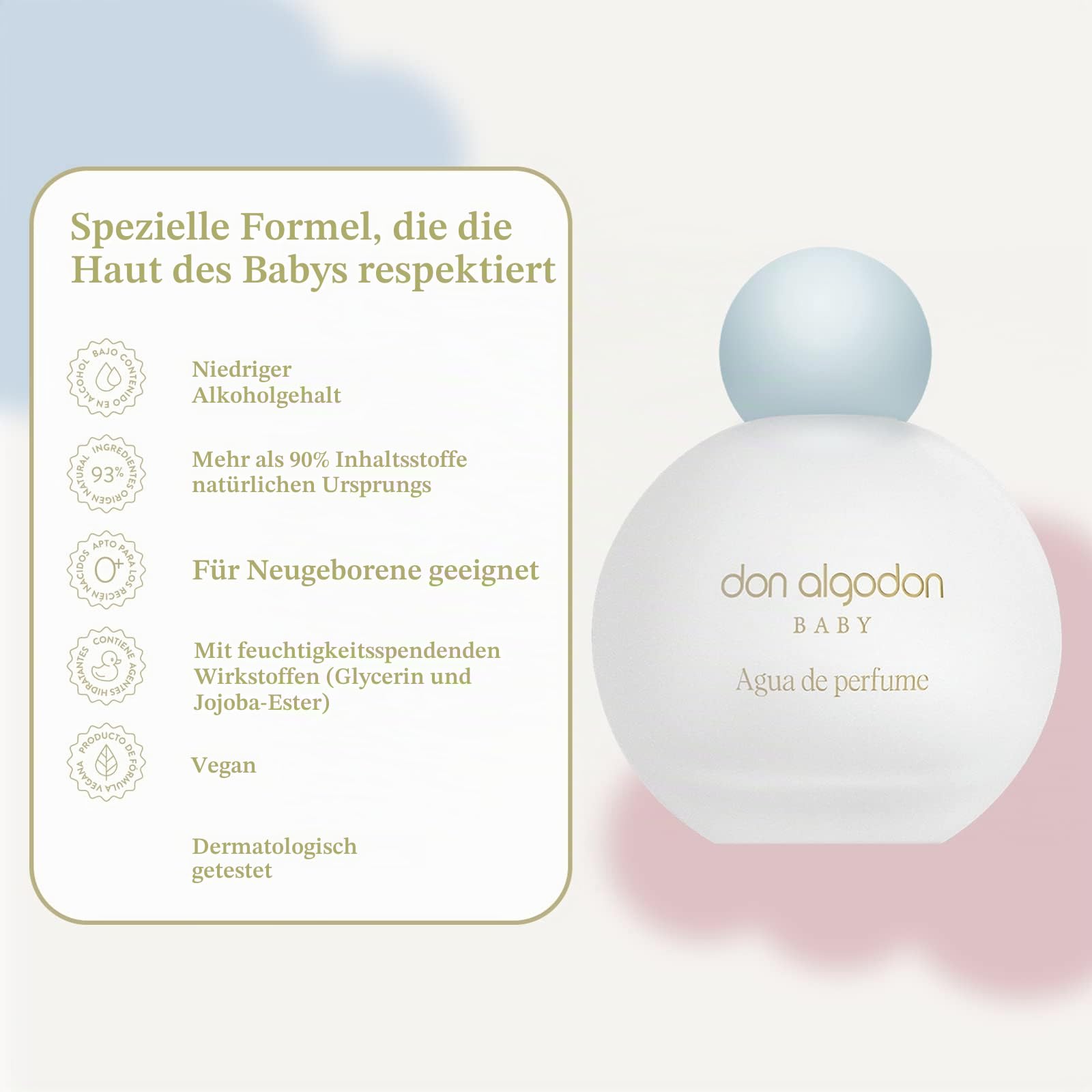 Don Algodon Baby Eau de Parfum Baumwolle Eau de Parfum geeignet für Neugeborene, 93% natürlich, vegan, mit feuchtigkeitsspendenden Wirkstoffen, 1 Stück, 100 ml