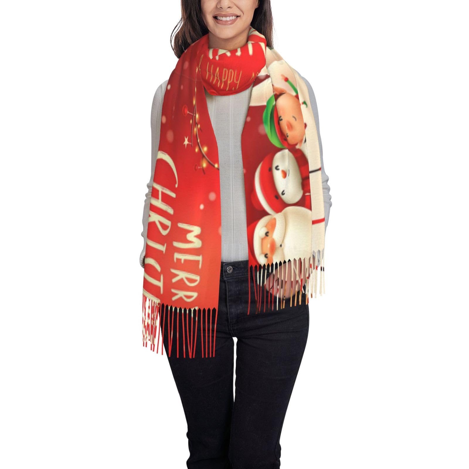 Ouyniei Women's Merry Christmas Stylish Printed Scarf For - Soft Fringed Shawl Wrap, Winter Fashion Accessory & Gift