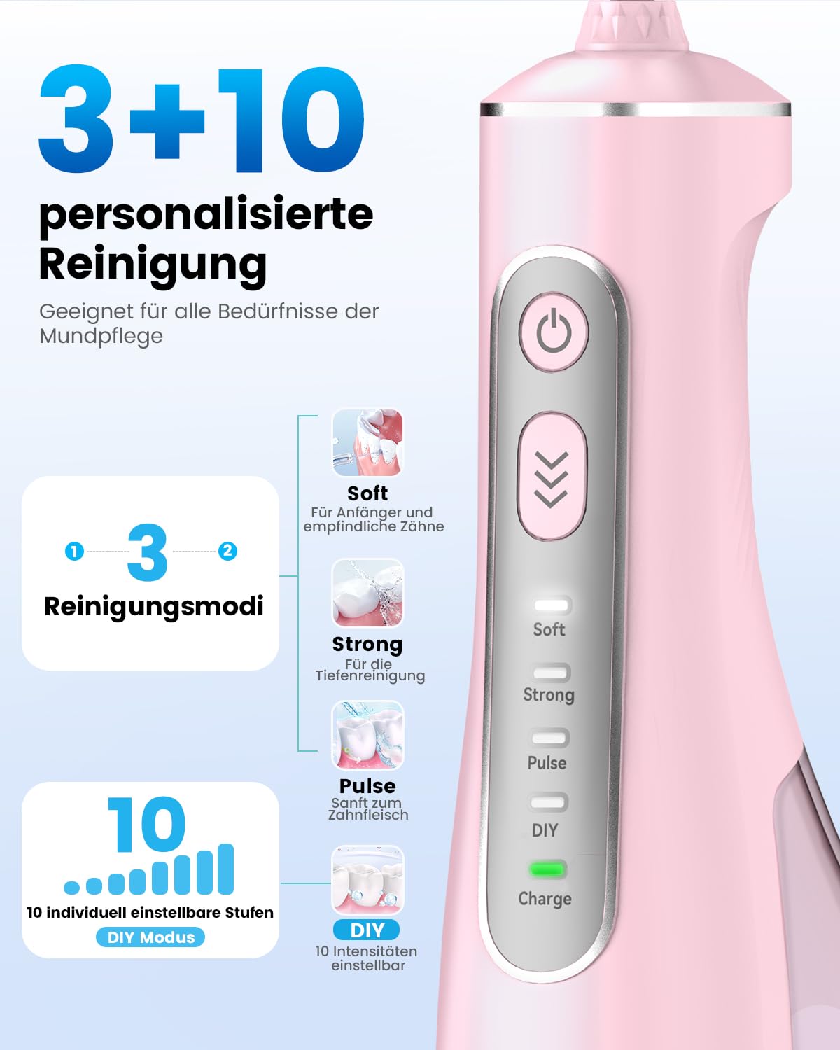 JTF Irrigador Bucal Eléctrico 300ML, 3+1 Modos Irrigador Dental, 6 Boquillas IPX7 Portatil Limpiador Dental para Ortodoncia/Encías Sensibles -Limpieza Dientes de Hogar Entusiastas Salud Ora(Rosa) - 3