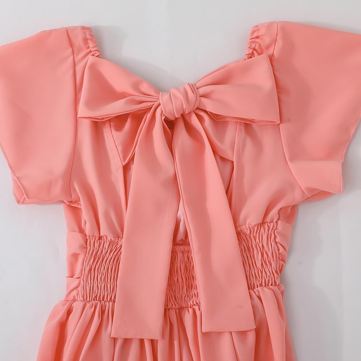 Magic Park 4-15Y Kid Flutter Sleeve Dress Square Neck Tie-Back Dresses Off Shoulder Dress Tween Girl Solid Color A-line Skirt - Image 5