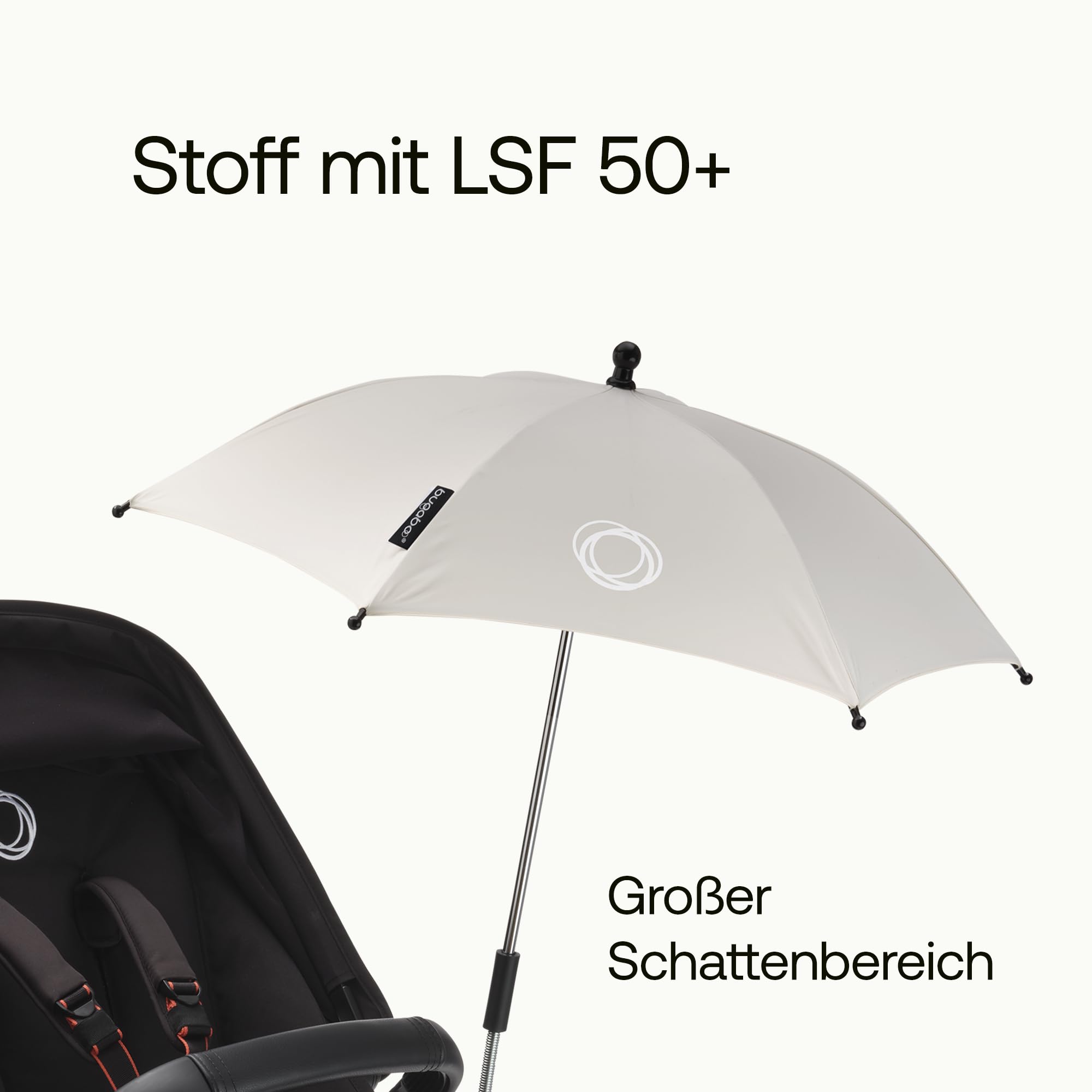 Bugaboo Sonnenschirm+, kompatibel mit allen Bugaboo Kinderwagen, mit UPF 50+ Schutz gegen UV-Strahlen, große Schattenfläche, Verbindung mit einem Klick & leicht verstellbarer Mechanismus, Fresh White | mit UPF 50+ UV Schutz, große Schattenfläche, Verbindu