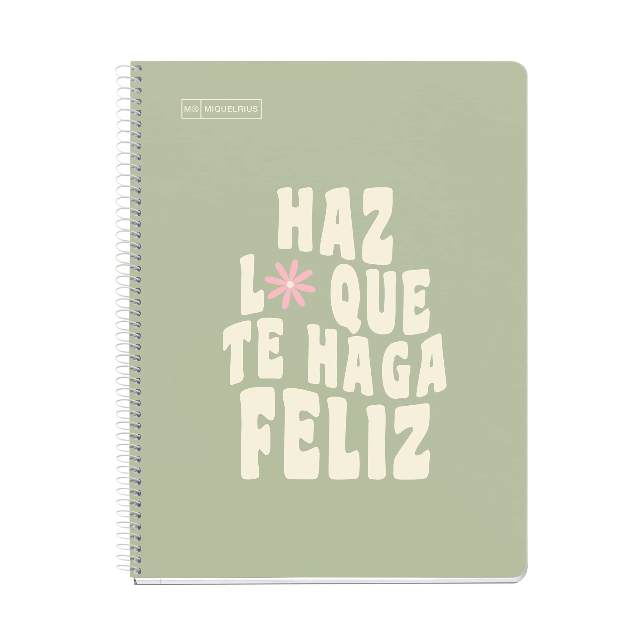 Miquelrius - Message 1 Colour Strip A4 Notebook, 80 Sheets, 7mm Horizontal Lines, 90g Paper, 4 Holes, Hardboard Cover, Sage Green