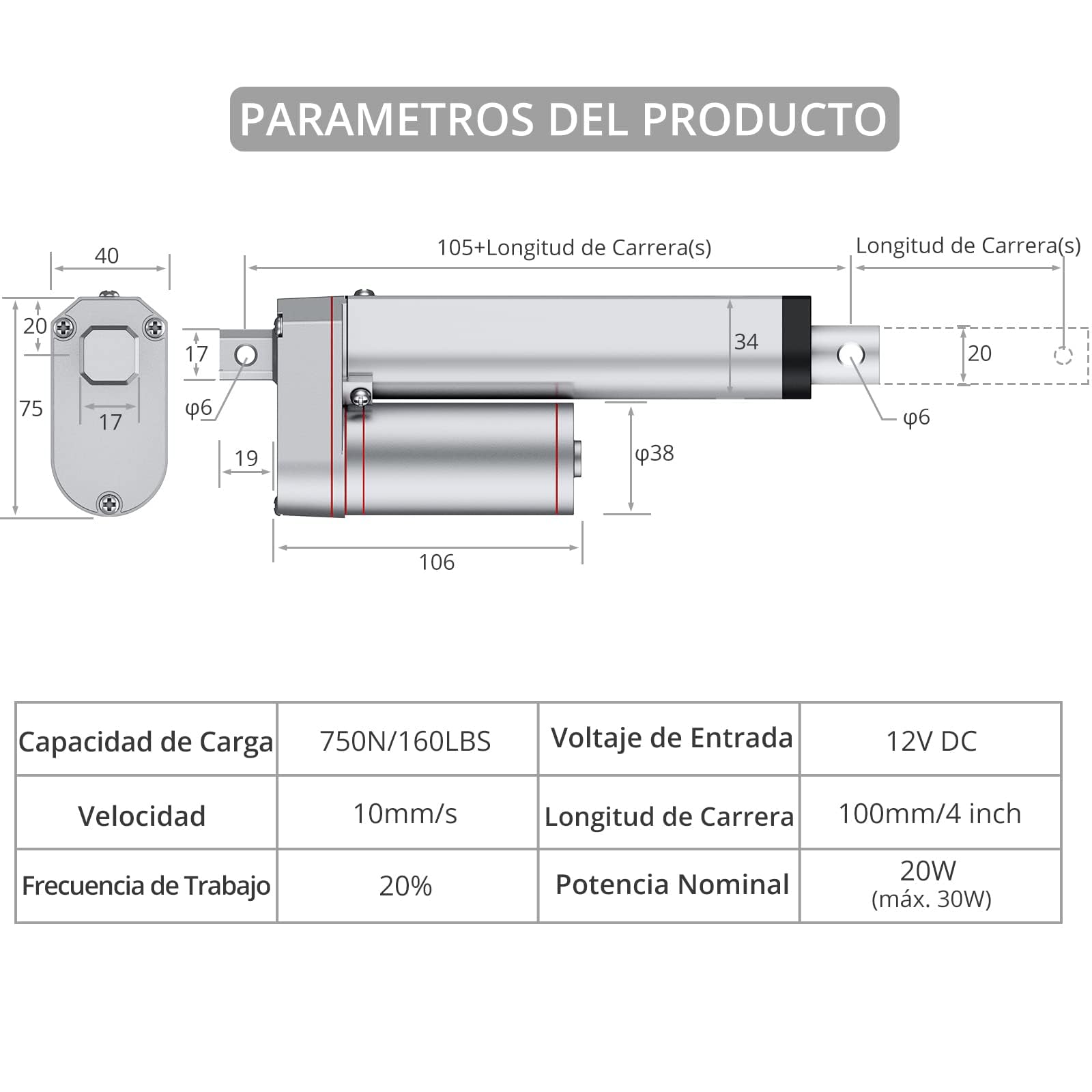 Justech DC 12V Actuador Lineal Motor 750N 100mm Para Auto RV Abridor Eléctrico de Puerta Construcción de Maquinaria Agrícola Industrial Vehículo de Barrido Limpios Buques de Carga y Otras Aplicaciones